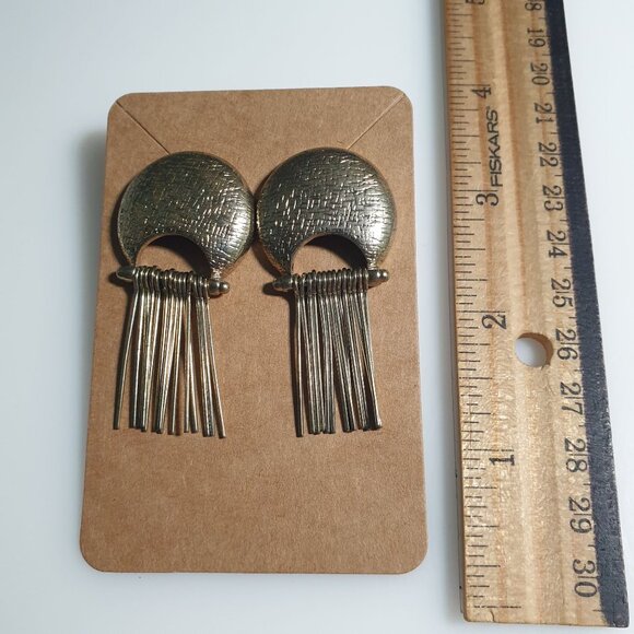 Gold Tone Textured Fringe Drop Earrings Unique Jewelry Bohemian Design MCM Gift - Picture 3 of 4